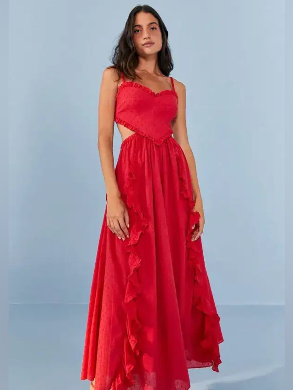 NWT! Farm Rio Heart Red Ruffle Maxi Dress gorgeous Cutout Bodice size M